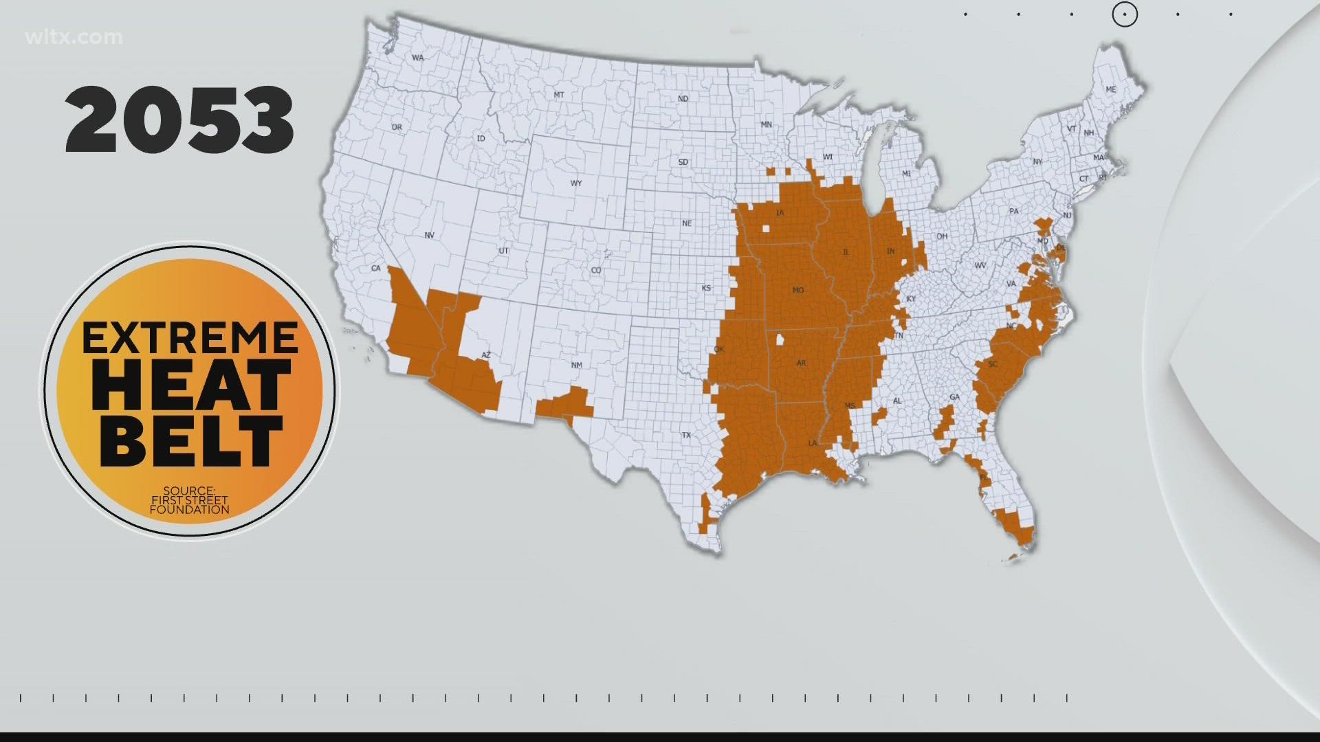By 2053, more than 100 million Americans will live in an extreme heat belt, according to the nonprofit First Street Foundation.